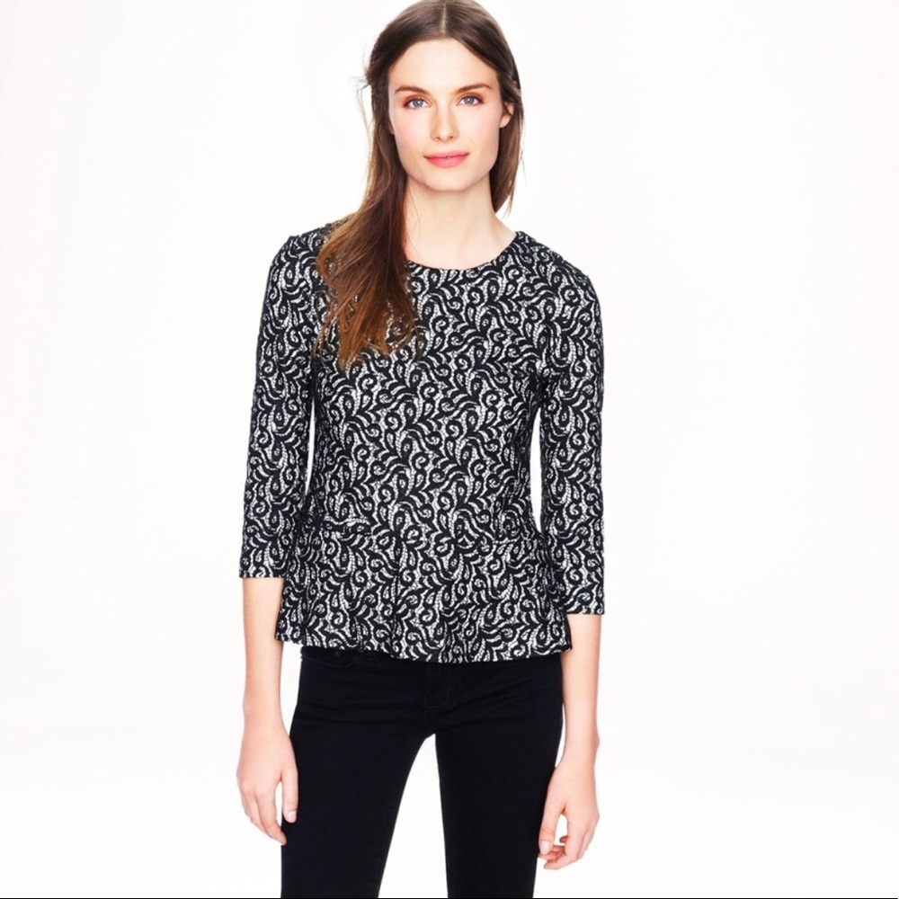 NWOT J. Crew Black and White Lace Peplum Top SMALL